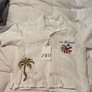 Zara White Short Sleeve Shirt with Palm Tree Design